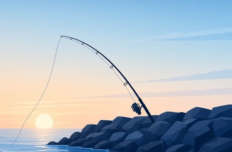 Illustration of rocks and a fishing rod at Manasquan Inlet at sunrise